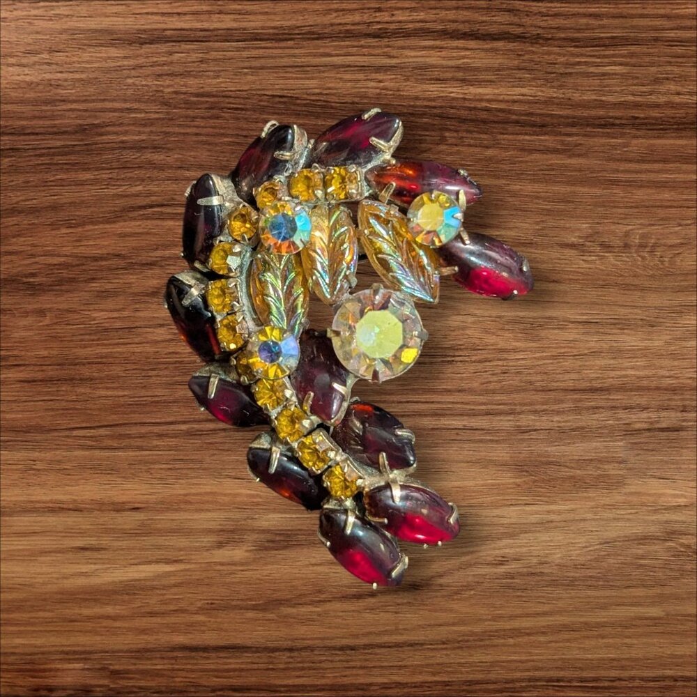 Vintage Crystal Brooch W/ Red‎ & Yellow Rhinestones Leaf Design Retro Jewelry